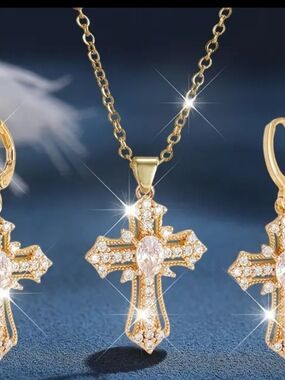 Elegant Gold Cross Pendant Necklace & Earring Set with Clear Stones